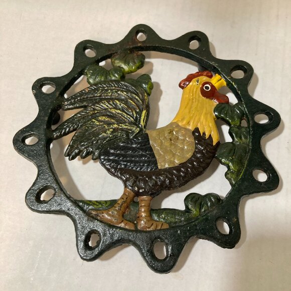 Vintage Cast Iron Rooster Trivet Pot Holder Hand Painted Country Cottage Core - Picture 3 of 8